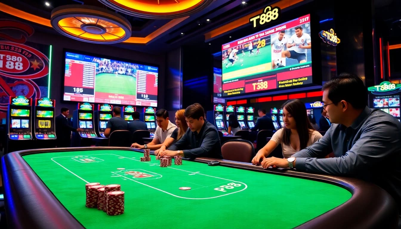 TT88 gaming table with vibrant chips and dynamic slot machines showcasing excitement in a casino scene.