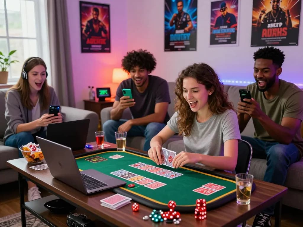 Exciting nk88 online gaming scene featuring friends enjoying casino games together in a cozy living room.