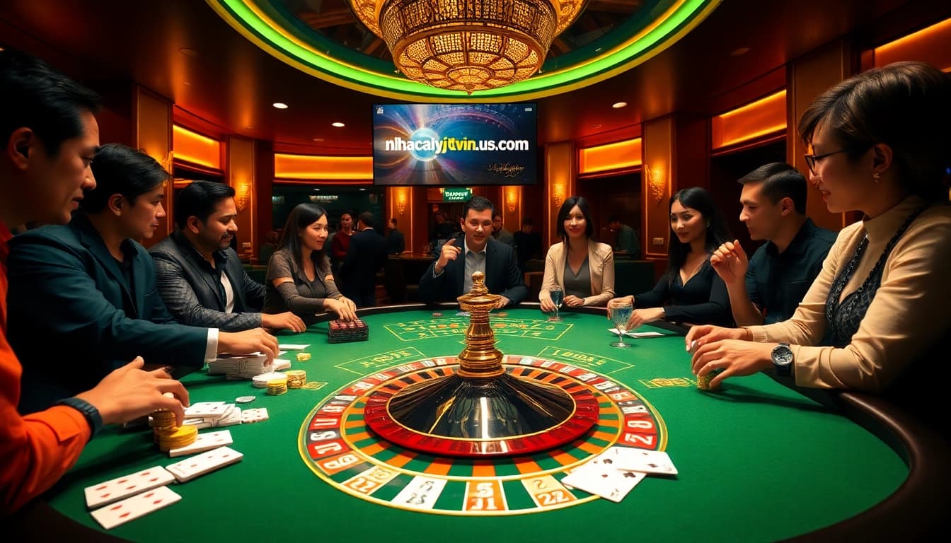 Exciting casino gameplay at nhacaiuytinvn.us.com featuring players engaged around a vibrant gaming table.