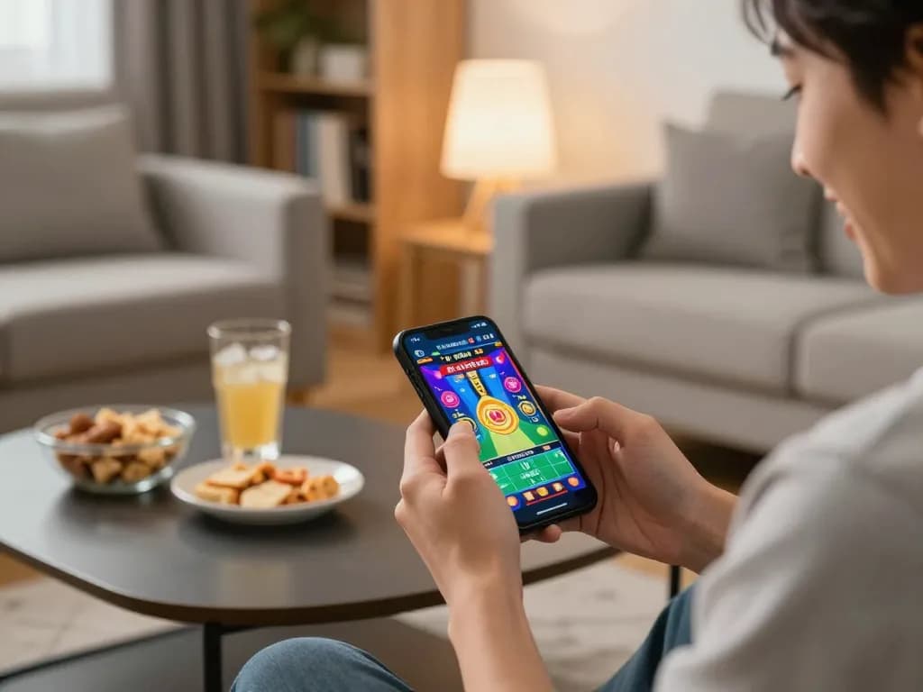 WIN678 user engaging in online gambling with smartphone, showcasing a vibrant gaming interface in a cozy home.