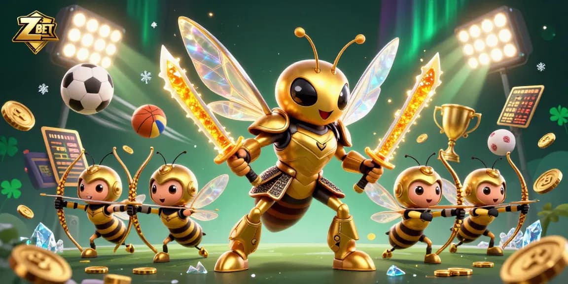 ZBET showcases a dynamic 3D scene featuring a golden hornet and bee archers in an energetic sports betting environment.