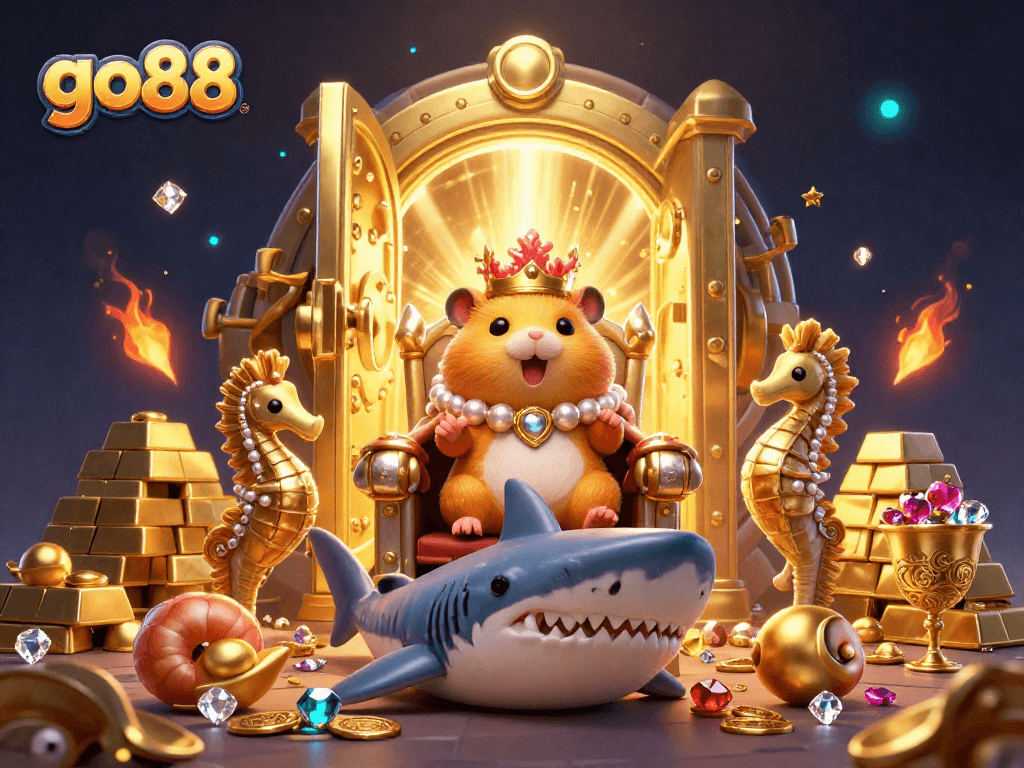 Experience thrilling gaming with go88, featuring a golden hamster king and treasure elements in a vibrant scene.