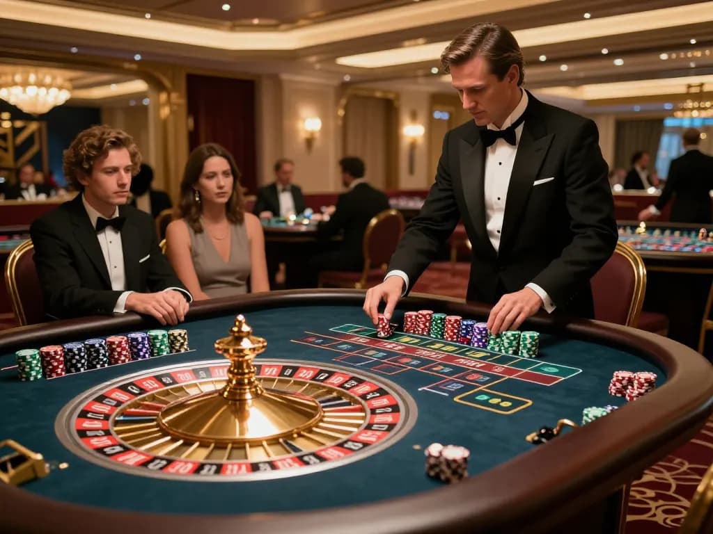 Players engaging in roulette at F168VIP with vibrant chips and an attentive croupier in a luxurious setting.