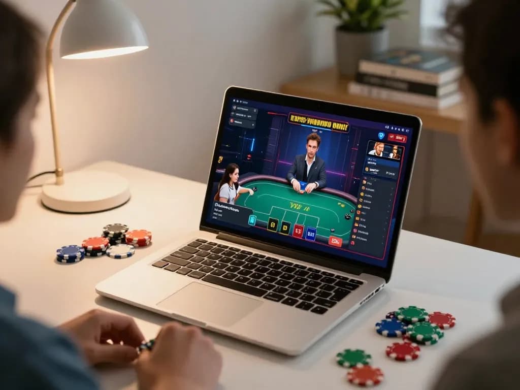 Playing online poker with 68win on a laptop, colorful chips scattered and warm home ambiance.