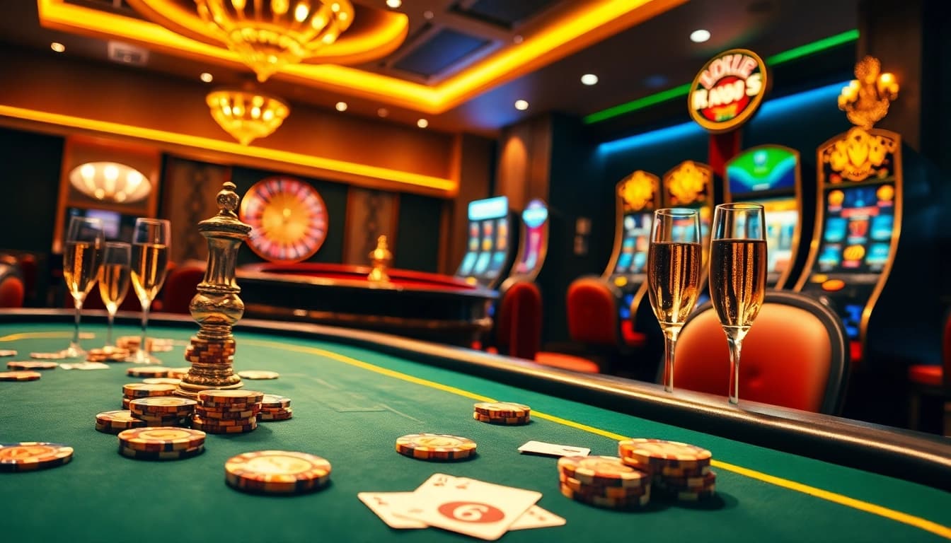 NK88 poker table scene with chips and cards in a luxurious casino atmosphere.