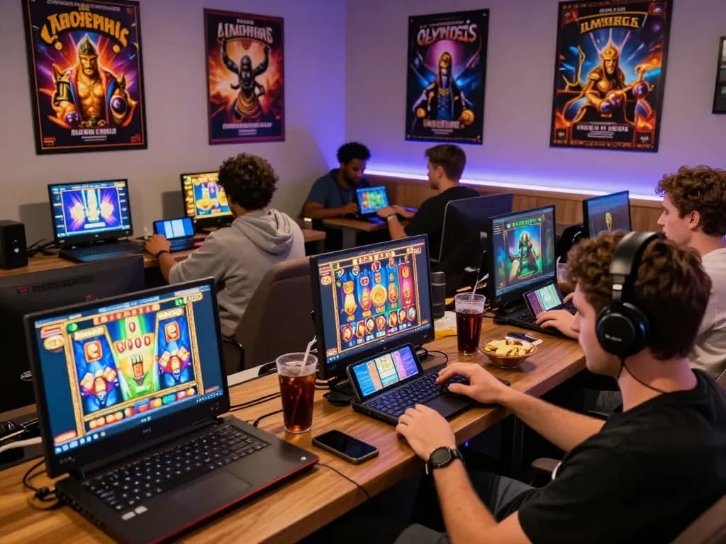 Players enjoying dash88 slot games in a vibrant gaming lounge, with engaging screens and colorful graphics.