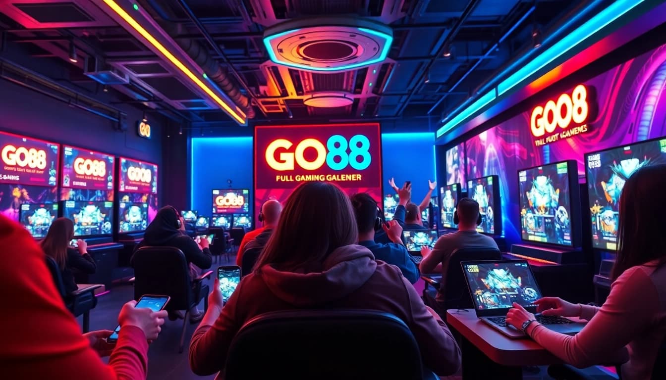 Dynamic gaming scene featuring players enjoying GO88 on multiple devices.