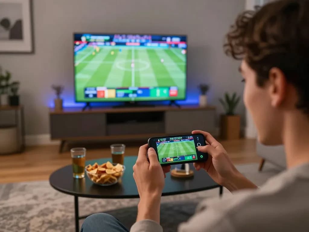 Excited player engaging in live betting on 8xbet from home smartphone while watching a sports event
