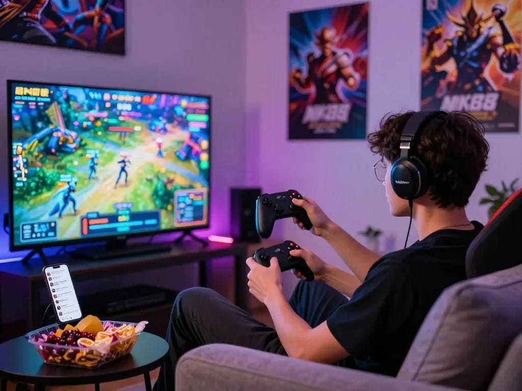 NK88 gaming scene with a player immersed in a vibrant mobile game, featuring snacks and LED lights.