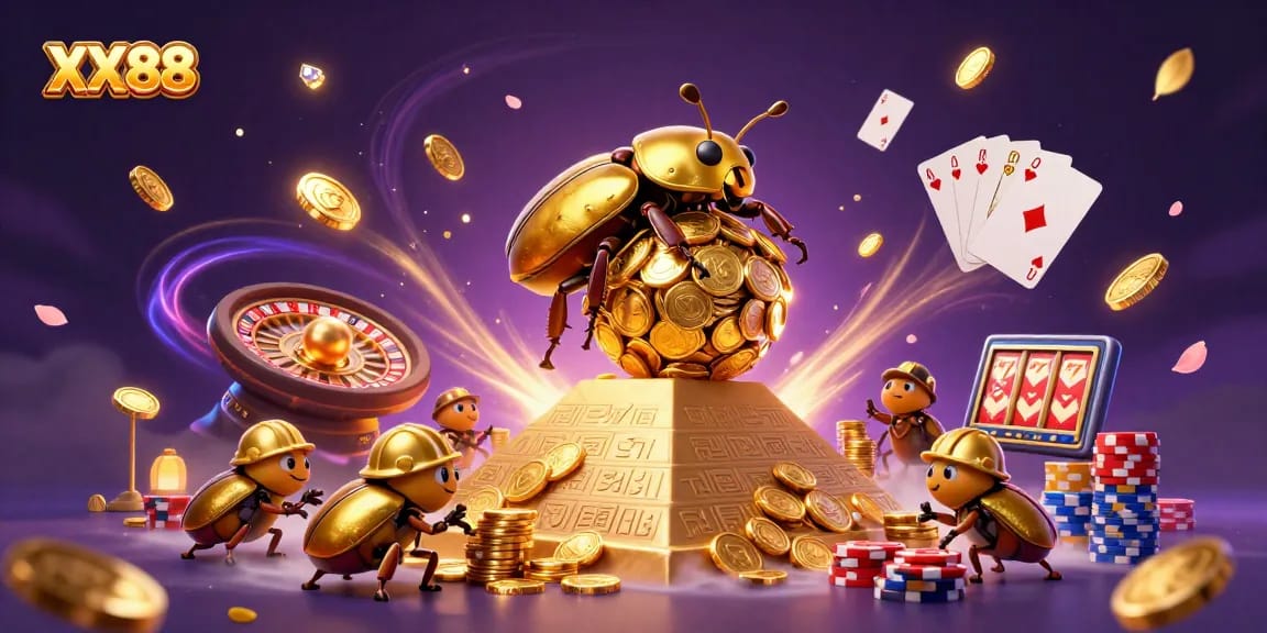 Experience the thrill of XX88 with a vibrant casino scene featuring golden beetles and scattered coins.