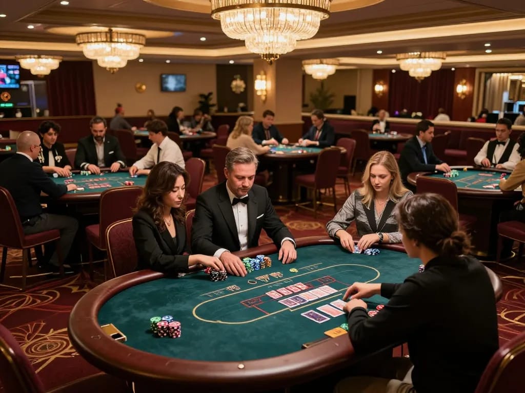 Players enjoying intense poker action at a go8 casino, highlighting chips and cards in a vibrant atmosphere.