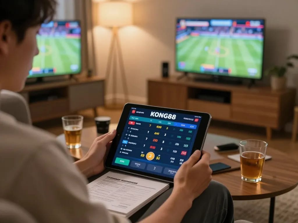 KONG88 sports betting displayed on tablet in cozy home setting with live odds and a focused player.