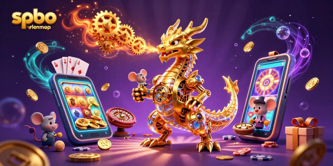 Engage with spbo terlengkap featuring a golden dragon and dynamic casino elements in vivid illustration.