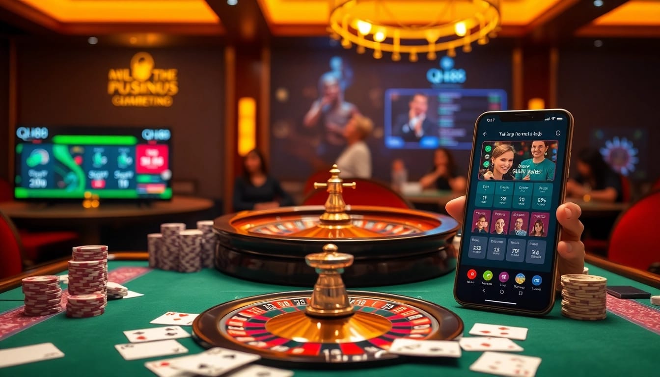 Exciting casino scene with qh88 branding, featuring vibrant chips, cards, and a roulette wheel.