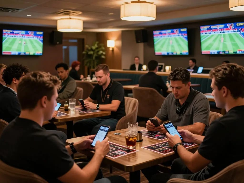 UK88 bettors engaging in thrilling sports wagering at a stylish lounge with multiple screens