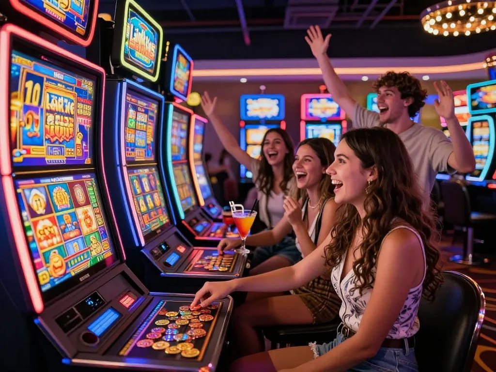Friends celebrating while playing link slot machines in a lively casino environment.