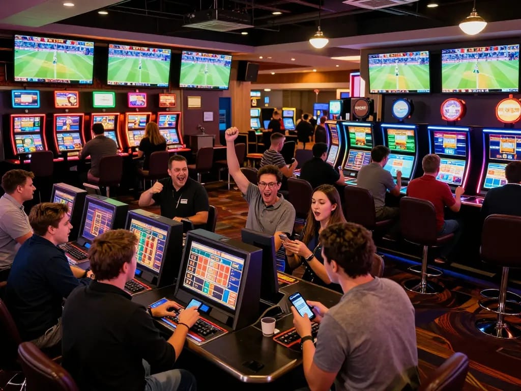 Excited sports bettors engaging dynamically at SOC88 casino, fervently placing wagers while cheering on live events.
