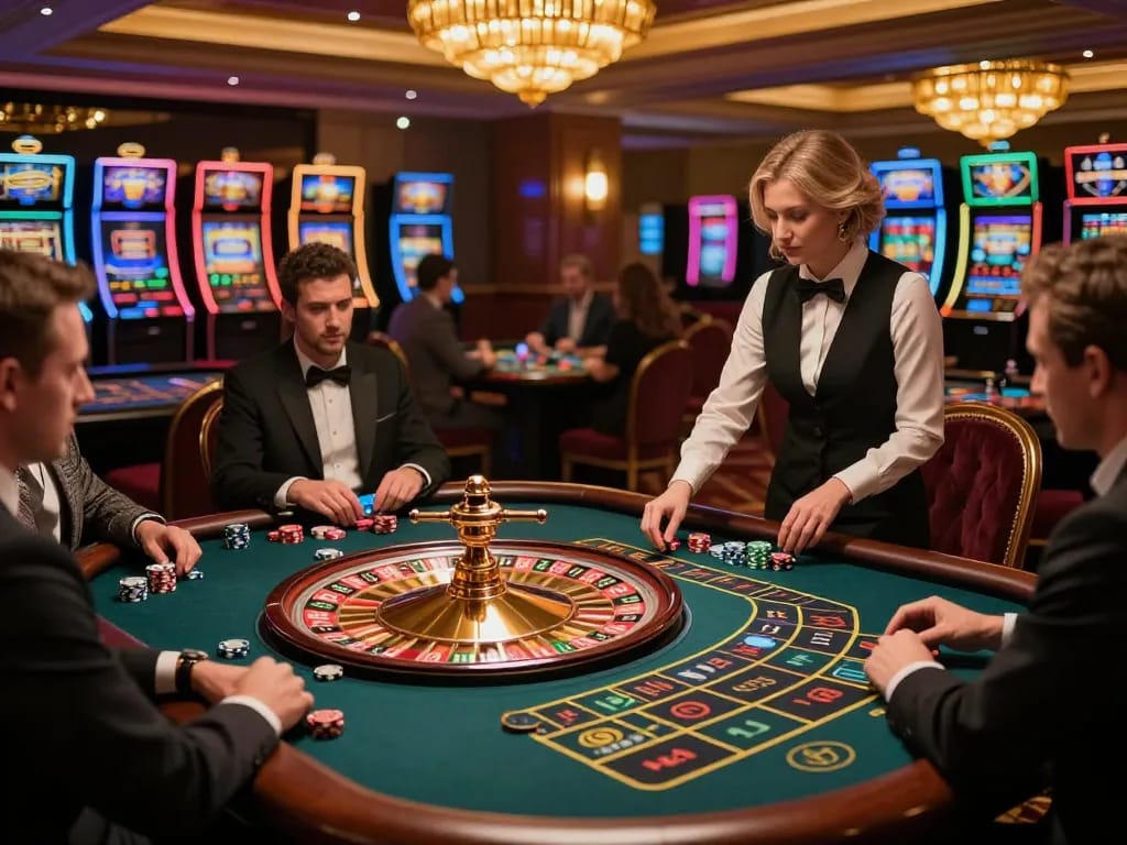 kp88 players engaging in thrilling roulette game at an upscale casino table.