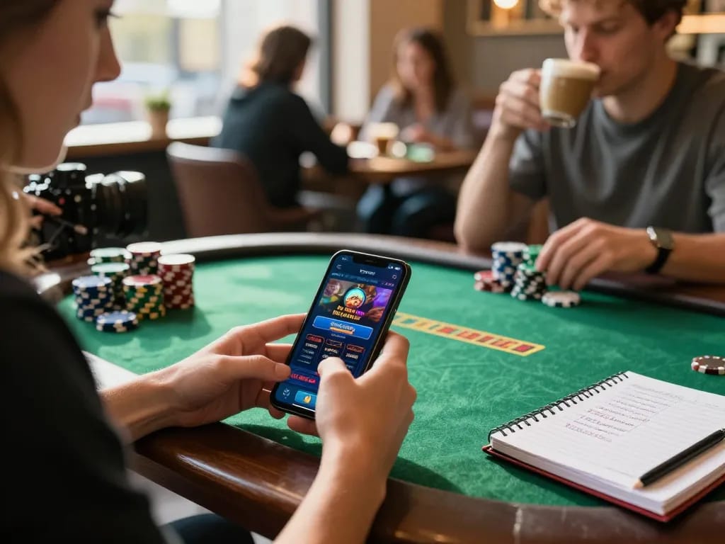 Player strategizing with SC88 mobile app while enjoying coffee at café table