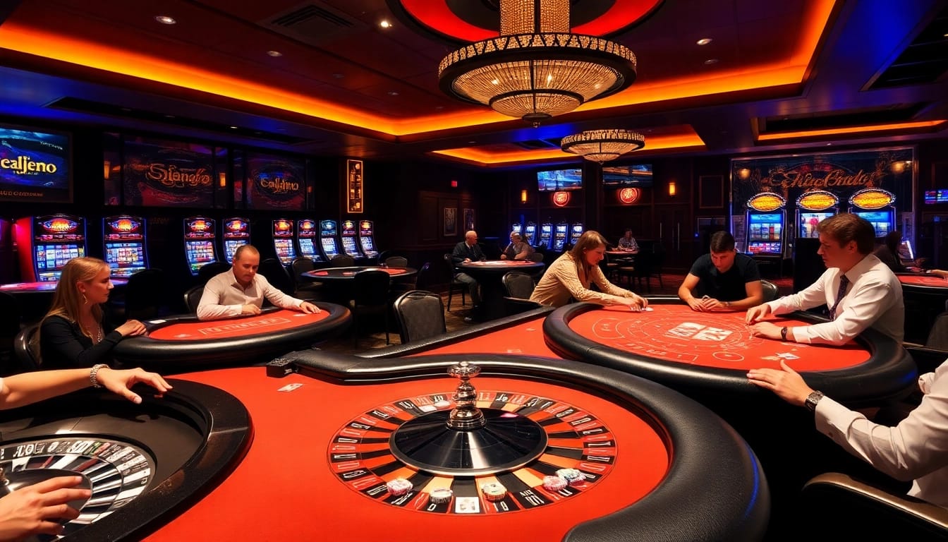 Exciting poker action at SODO CASINO with players and vibrant slot machines.