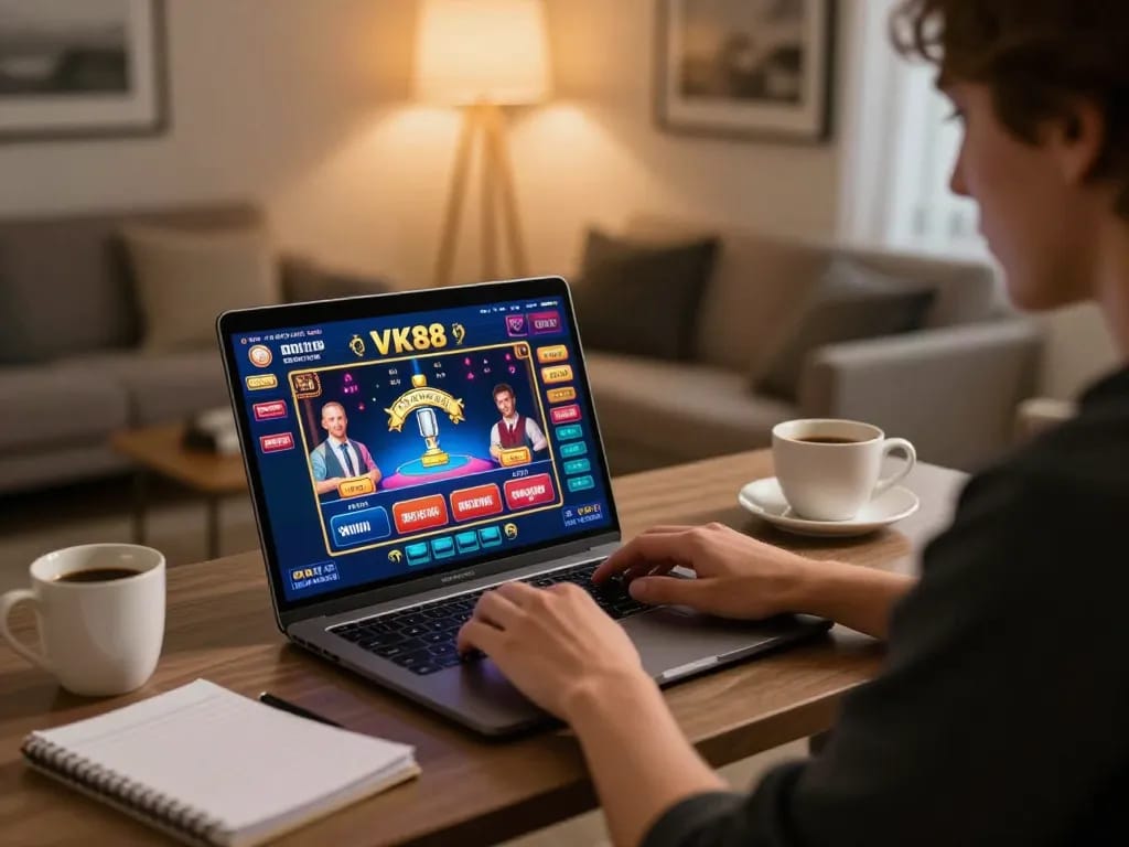 Engaging online casino session at VK88 with player using laptop, warm home setting enhances gaming experience