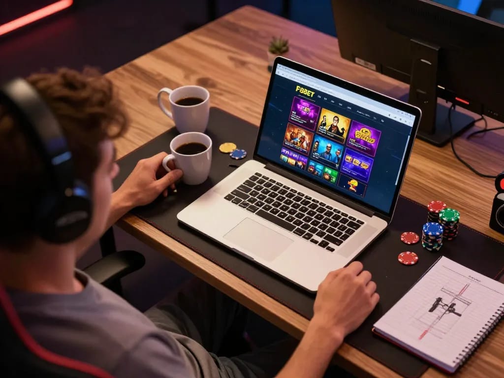 Player enjoying F8BET’s online casino experience at a cozy home setup
