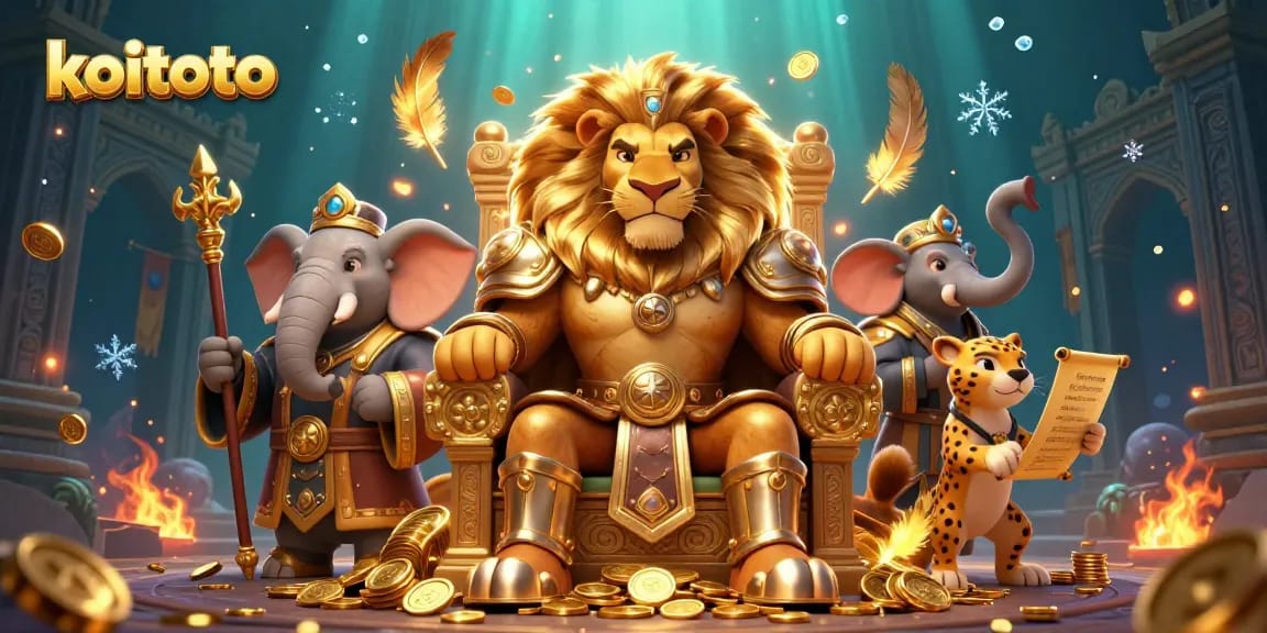 Koitoto offers thrilling results with an illustrated scene featuring a lion king, elephant advisor, and cheetah messenger.