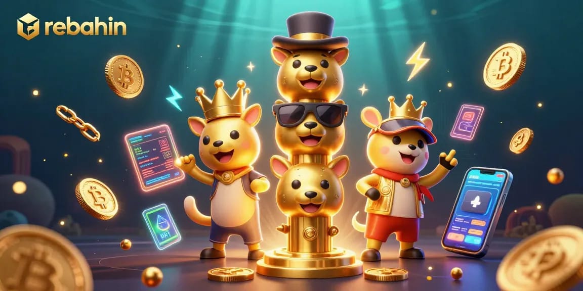 Rebahin features a vibrant 3D cartoon scene filled with golden totem and crypto coins illustrating online gambling excitement.