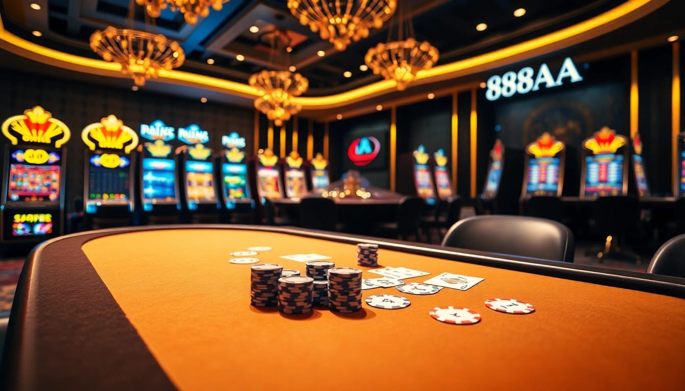 Experience the excitement of 88aa at a luxurious casino table with poker chips and cards.