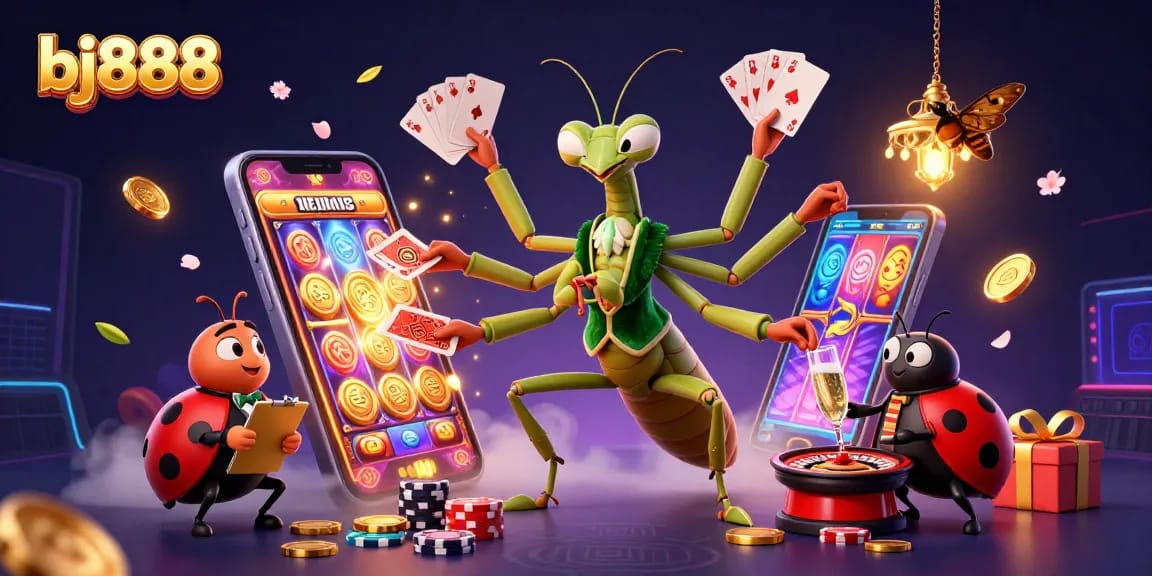Experience the thrill of bj888 casino with a vibrant 3D illustration featuring cartoon characters engaged in gambling.