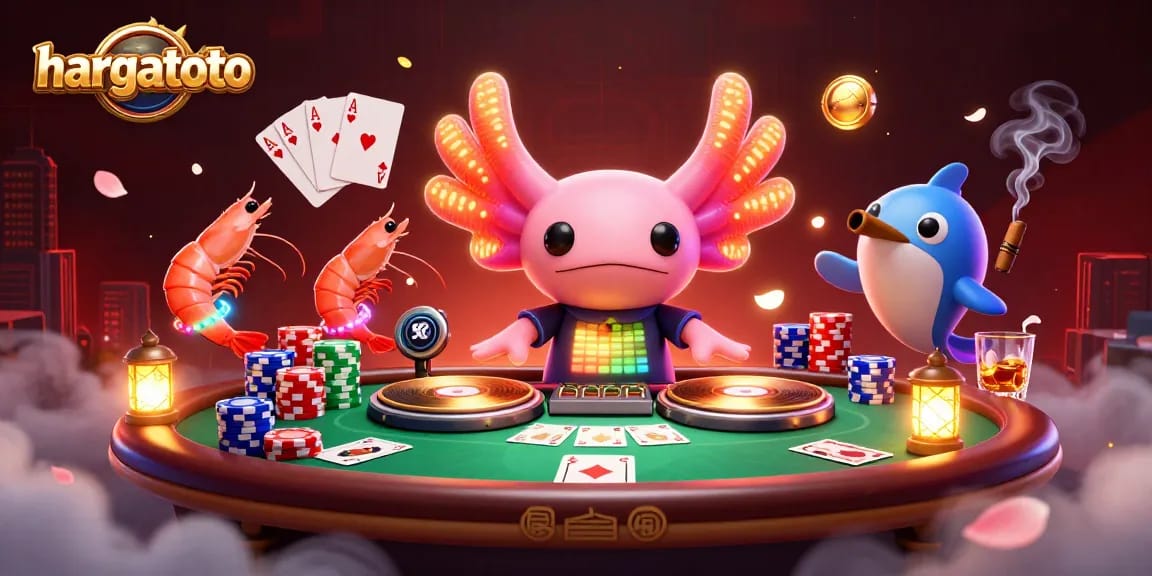 hargatoto features a neon-colored axolotl DJ spinning records amidst poker elements