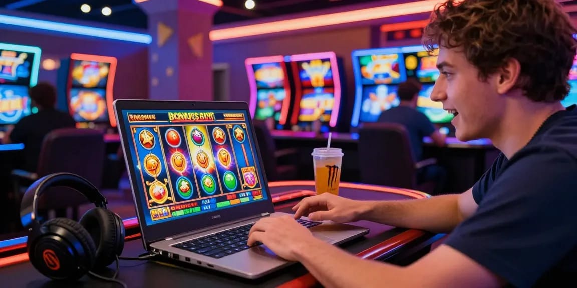Engaging scene at https://celebratepanto.co.uk/ showcasing a player excitedly activating bonus buy slots in a vibrant casino room.