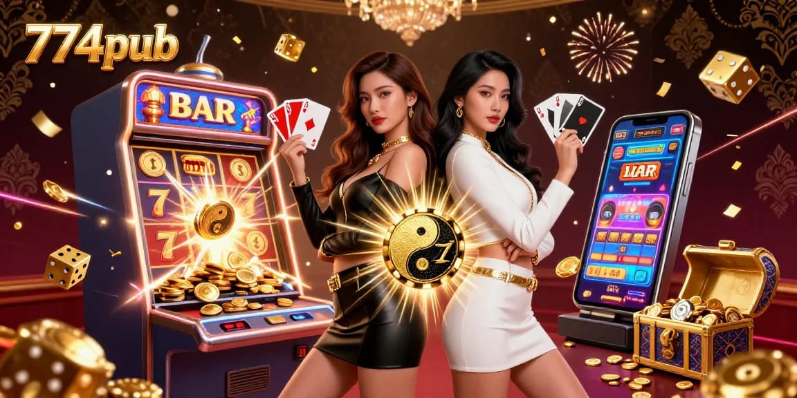 Two stunning Asian women with playing cards showcased in a vibrant 774pub casino illustration, featuring bright colors and dynamic gaming elements.