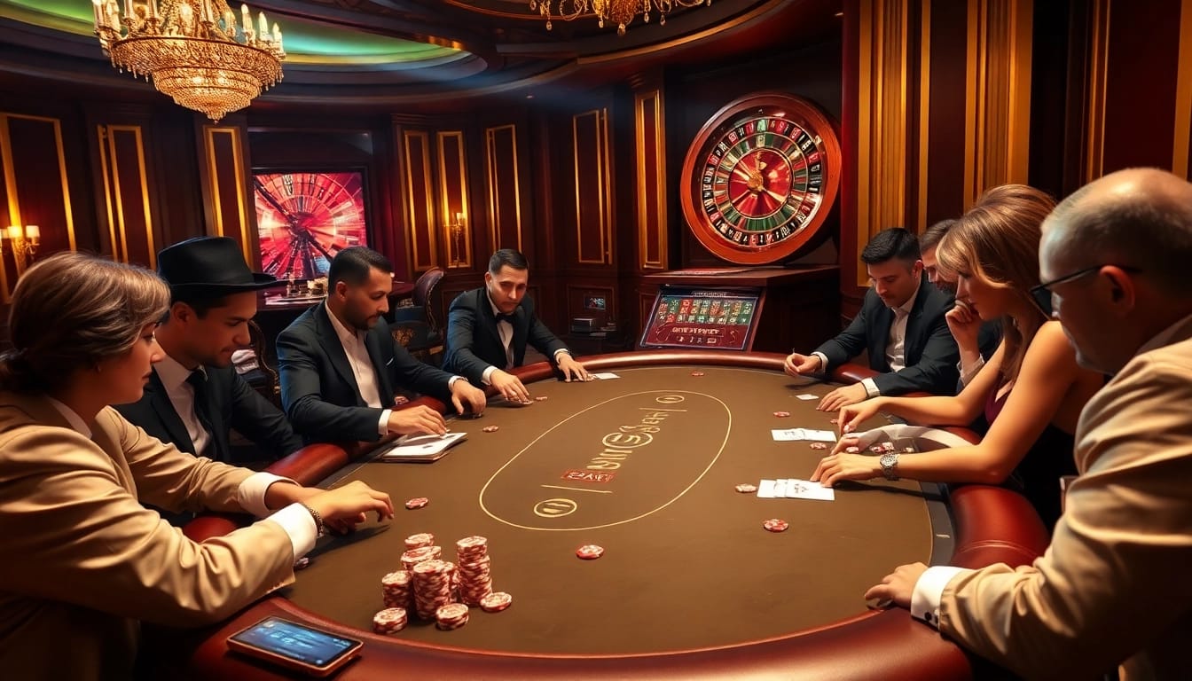 Engaged players enjoy a high-stakes poker game at MMOO's luxurious casino table.