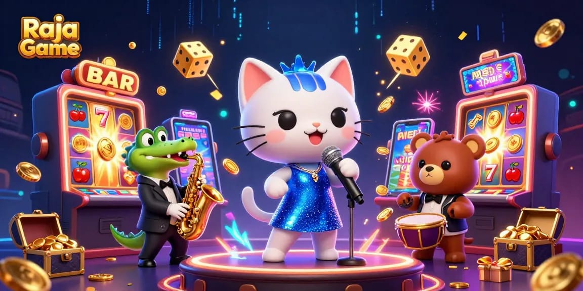 Experience the excitement of Raja Game with vibrant casino games and rewards in a dynamic 3D illustration.