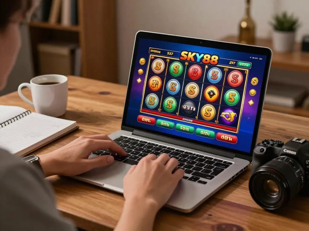 Engaging online gambling scene featuring SKY88 slots game on laptop, cozy home atmosphere.