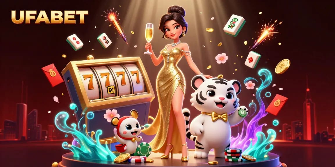 Win big with UFABET online casino featuring a glamorous woman and lucky tiger in a vibrant gaming scene.