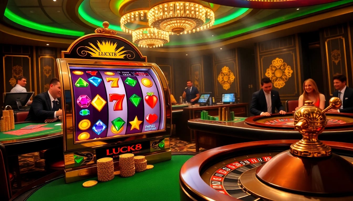 Players celebrating a win at the glamorous LUCK8 casino, featuring vibrant slot machines and elegant poker tables.