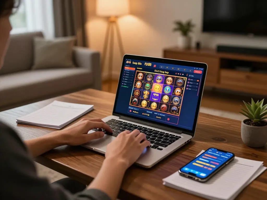 Engaging scene of online gaming at home, showcasing Tr88 trang chủ among strategic notes and a laptop.