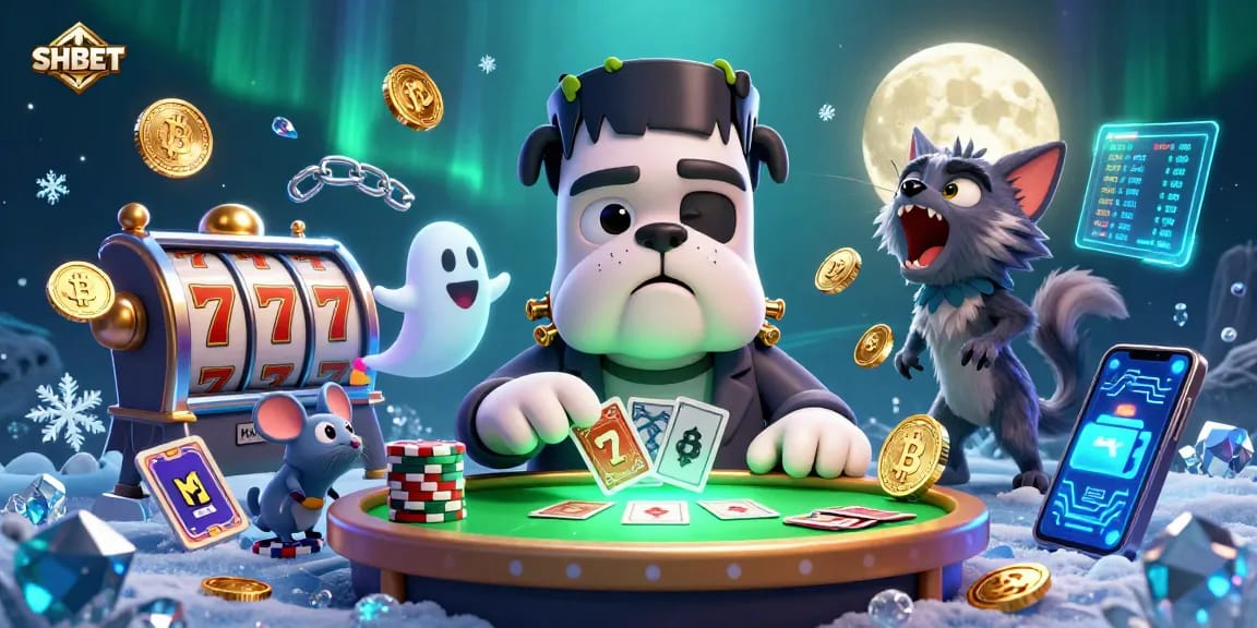 Engage with SHBET's exciting card games as a Frankenstein bulldog monster deals at a spooky casino.