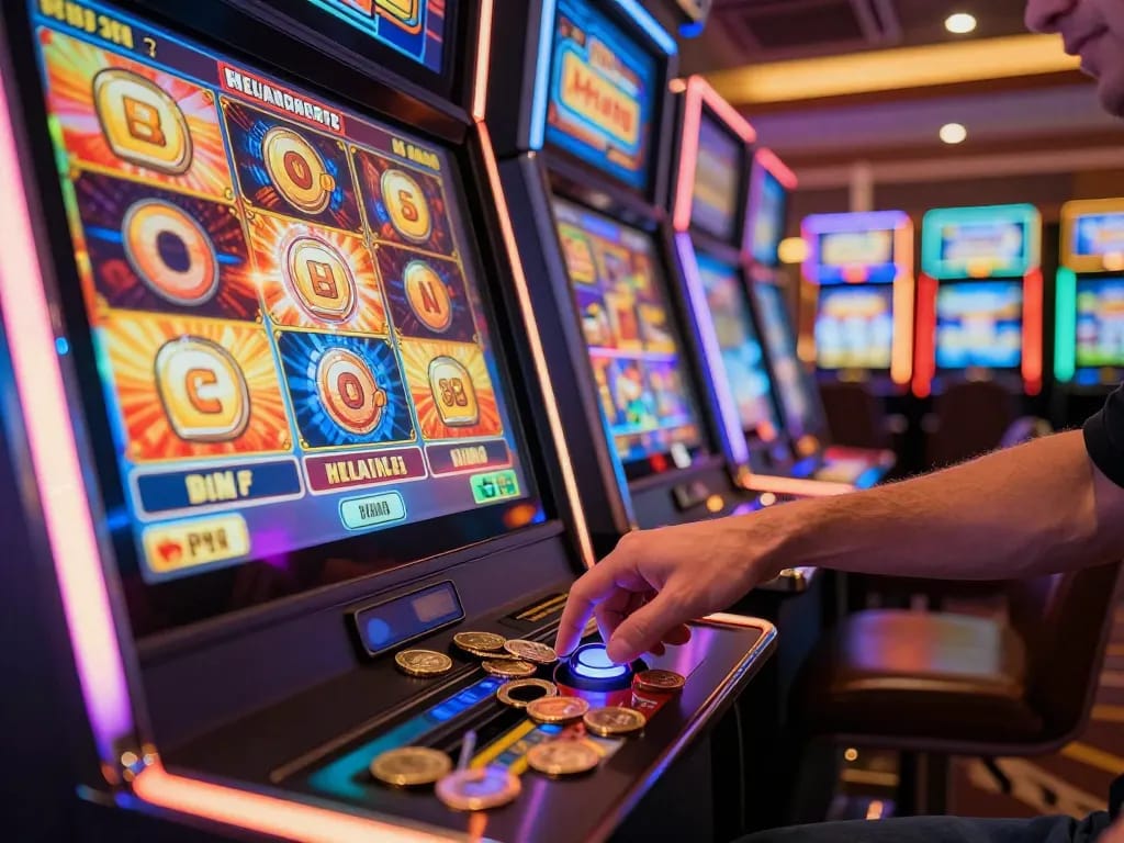 Player spinning the reels on a thrilling slot machine at Planet88 with vibrant graphics and bright lights