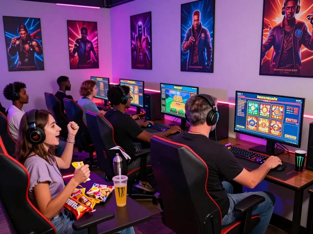 Gamers enjoying barcaslot online gaming experience in a vibrant lounge setting.