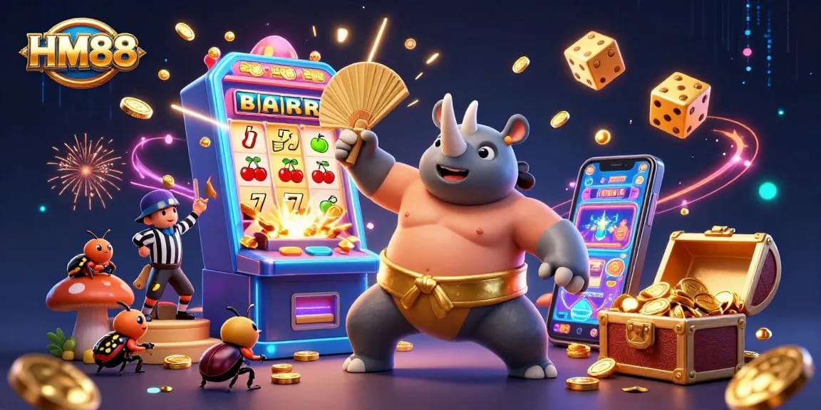 Experience the excitement of HM88 casino with a vibrant, dynamic slot celebration featuring fun cartoon characters and winning elements.