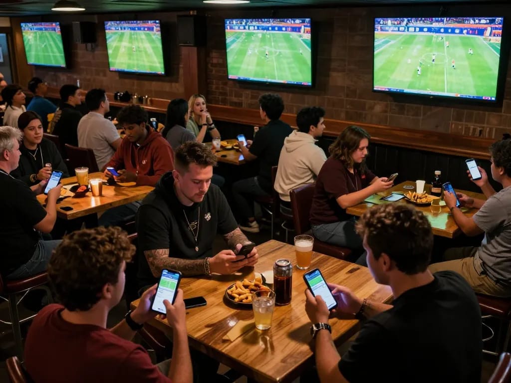 CakhiaTV users actively placing bets while enjoying live sports in a lively bar atmosphere