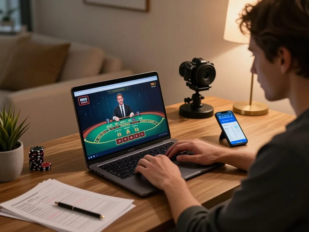 Pemain Dewi999 menganalisis strategi saat bermain blackjack langsung secara online di kantor rumah modern