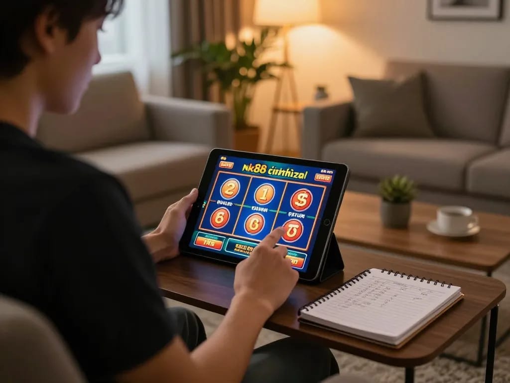Engaging in online slots at Nk88 chính thức, showcasing strategic gameplay in a cozy setting