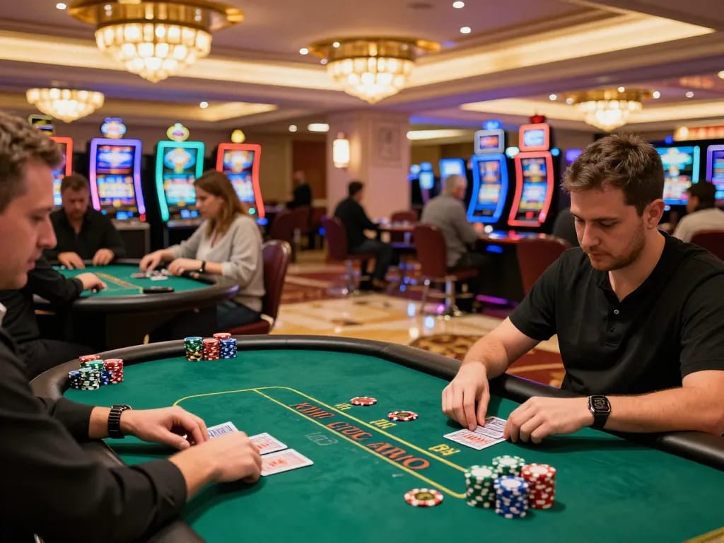 Players engaging in strategic gameplay at VB88 poker tables, vibrant casino atmosphere