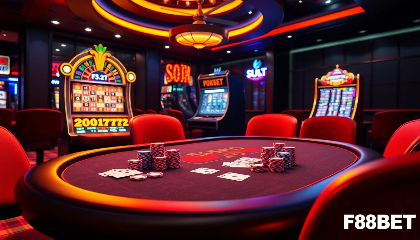 Experience thrilling games at F8BET with luxurious casino tables and vibrant slot machines.