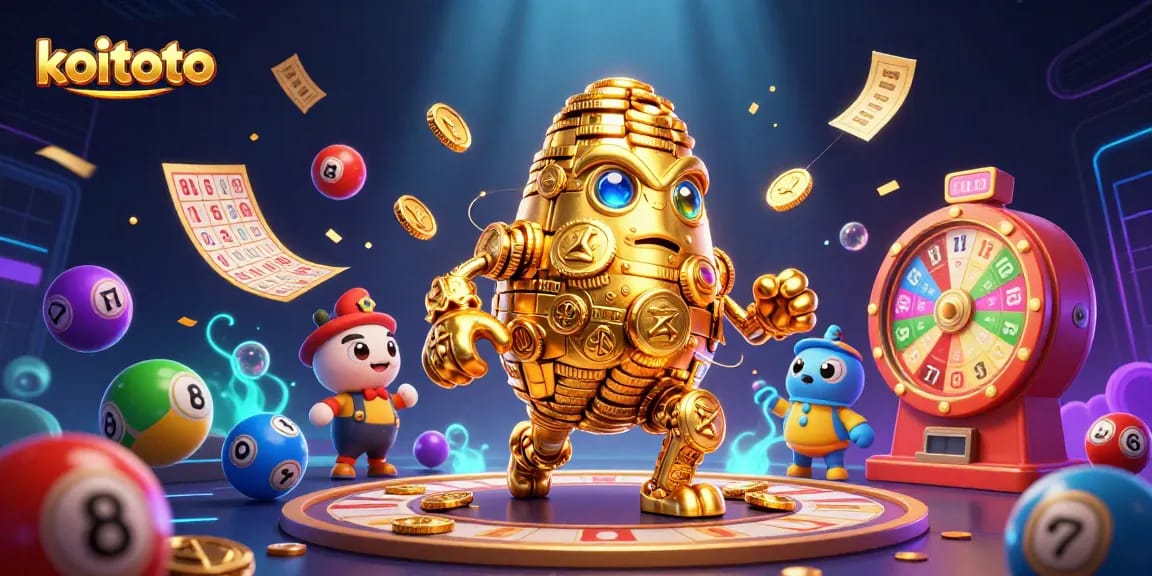 Koitoto offers exciting lottery enhancements with colorful balls and a golden golem in a vivid online gaming scene.