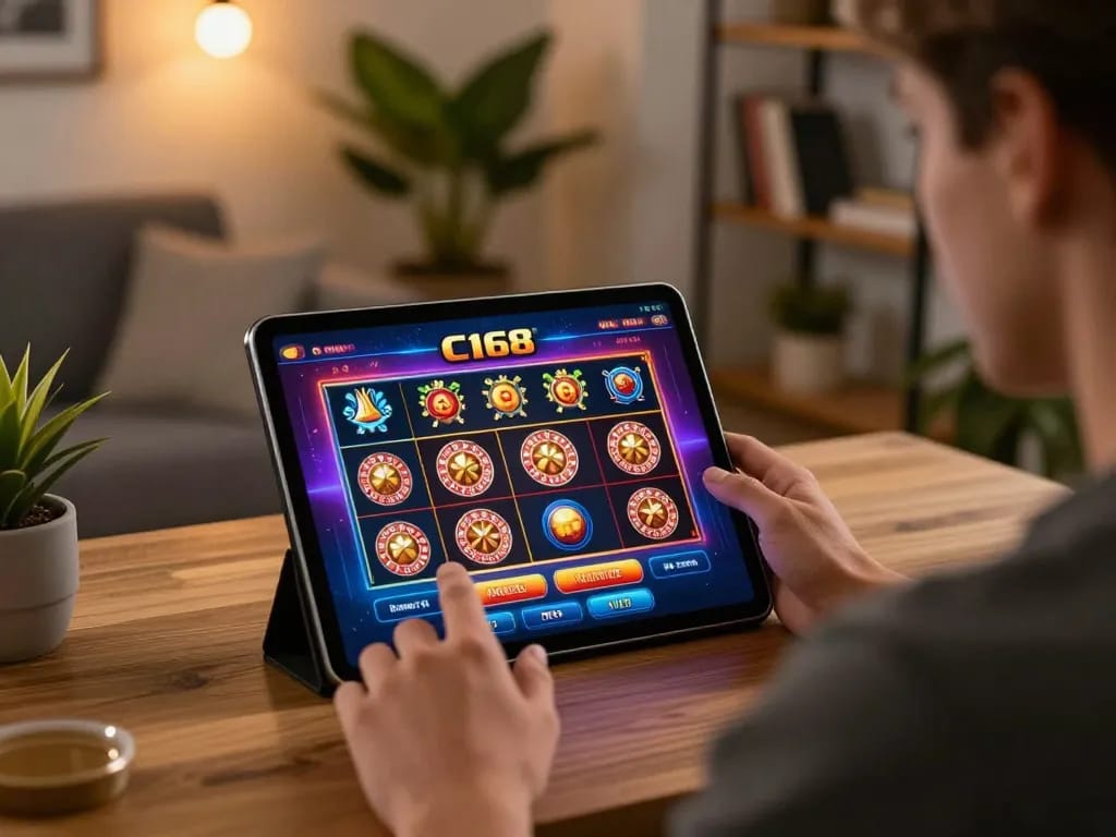 C168 casino player engaged in online gambling on a tablet in a cozy home setting.